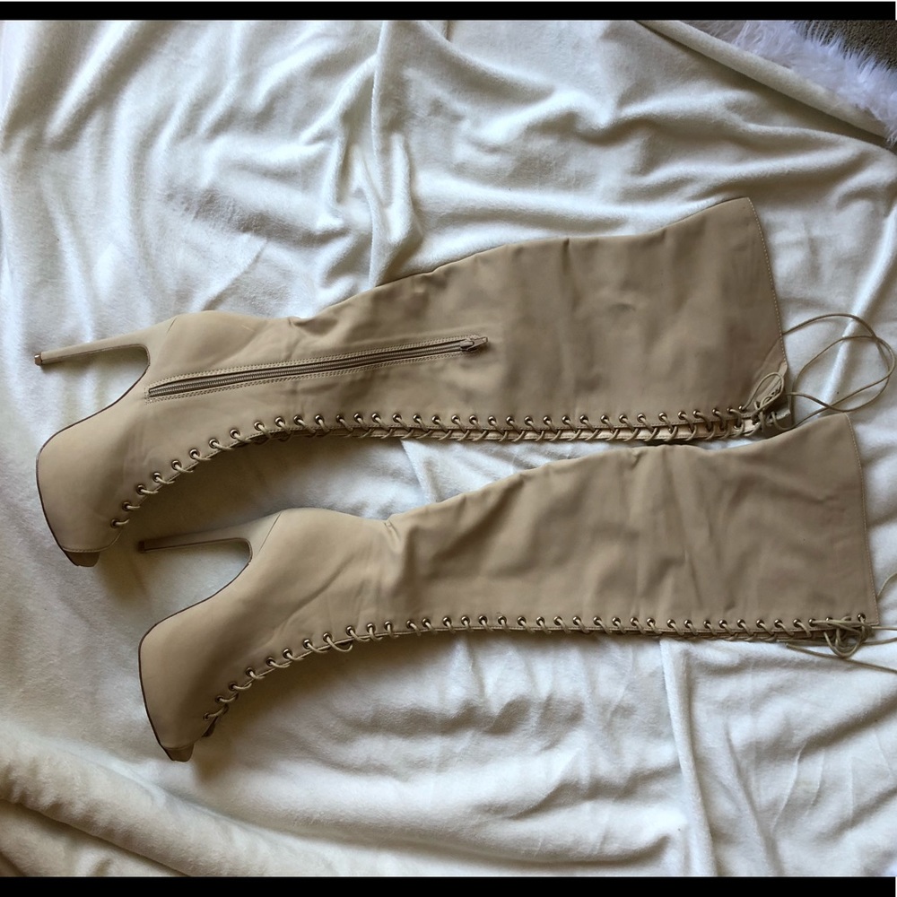 Thigh high lace up nude boots